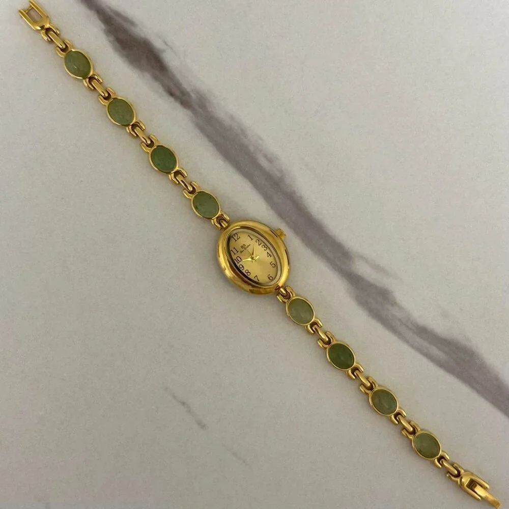 Sku0446 Retro Gold Green Gemstones Women Casual Oval Bracelet Watch + gift bag‎